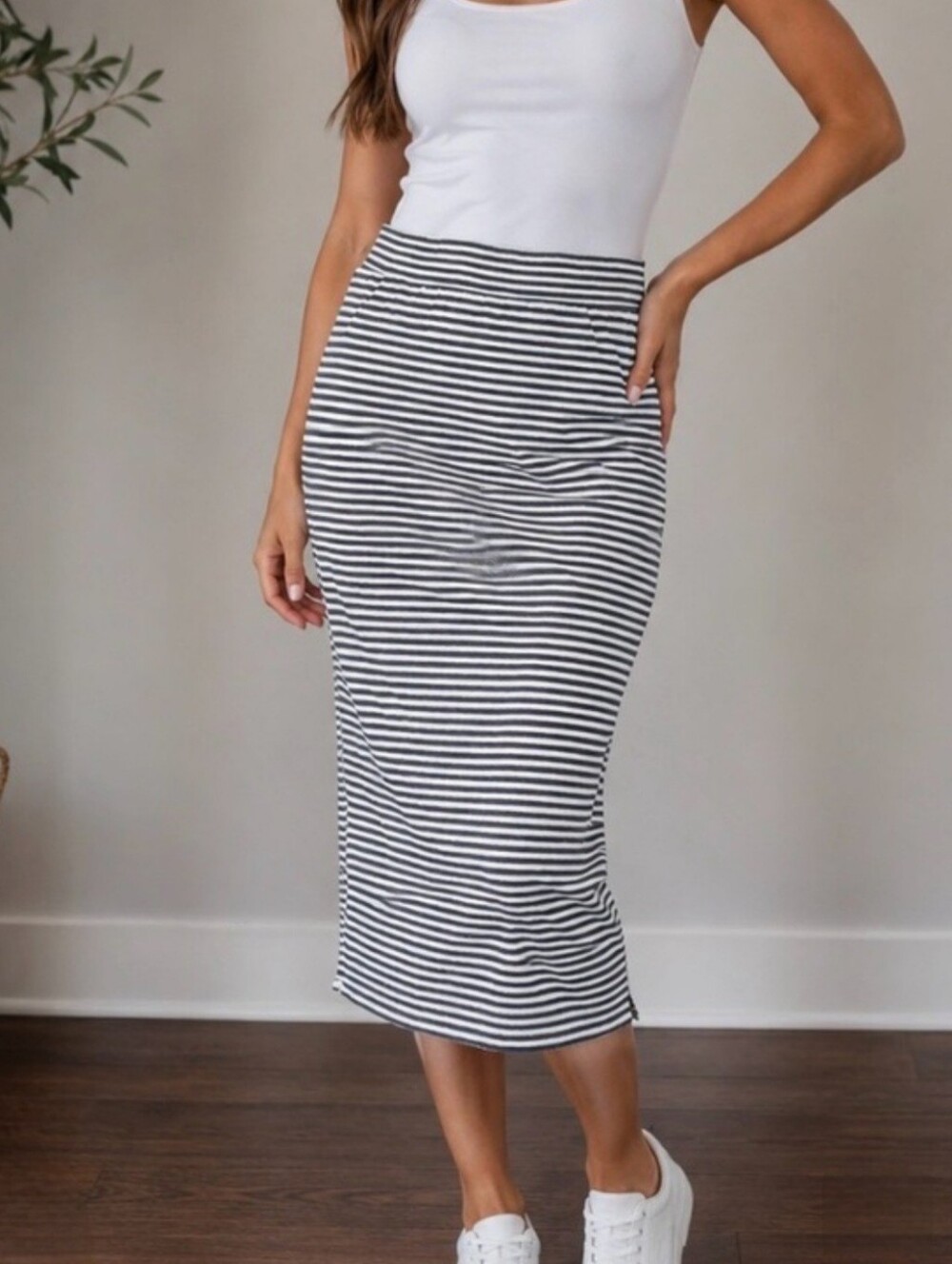 NWOT Frank&Eileen Tee Lab Super Soft Striped Gray&White Midi Skirt
